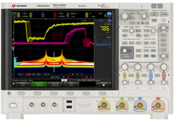 A digital oscilloscope with a screen displaying a variety of waveforms.