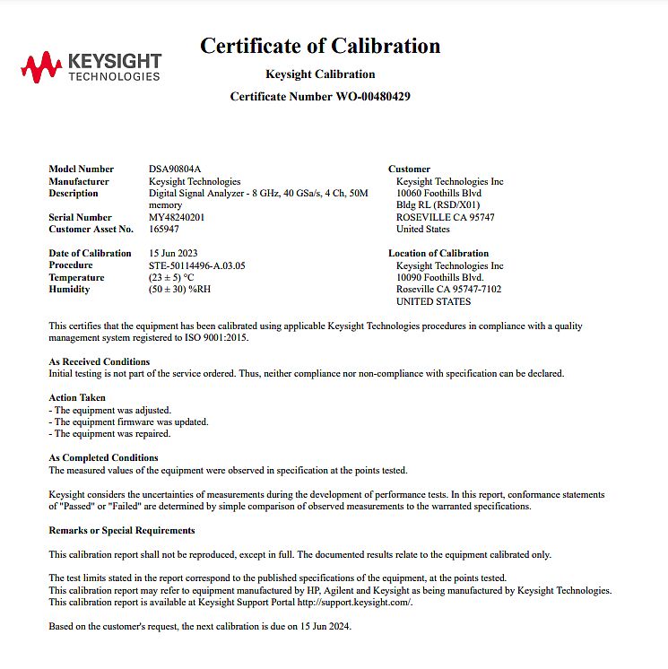 Keysight DSA90804A Infiniium High Performance Oscilloscope / 8GHz / 40GSa/s / 4 Channels / 50M Memory