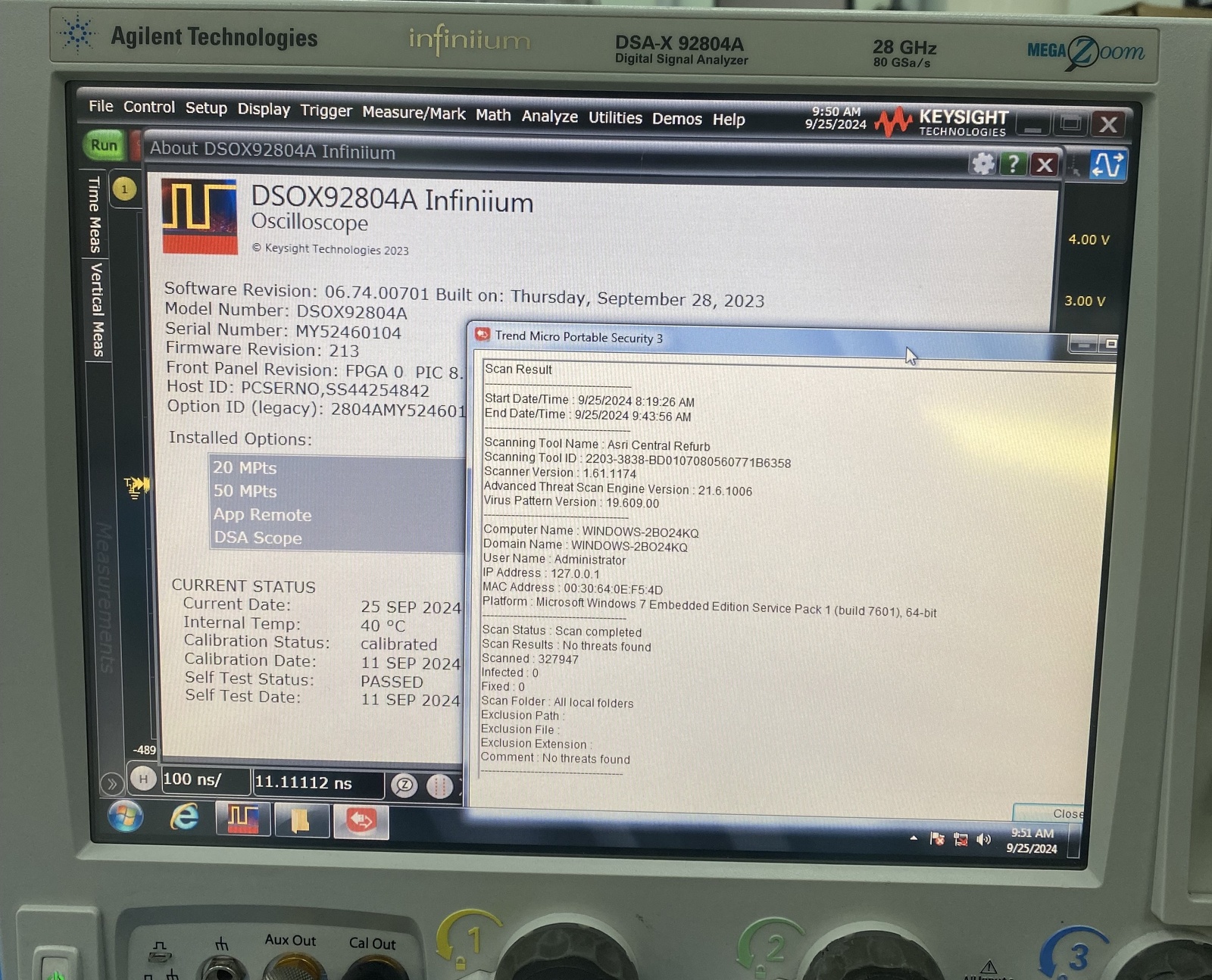 Keysight DSAX92804A Infiniium High-Performance Oscilloscope / 28 GHz / 80/40 GSa/s / 4 Channel / 50M