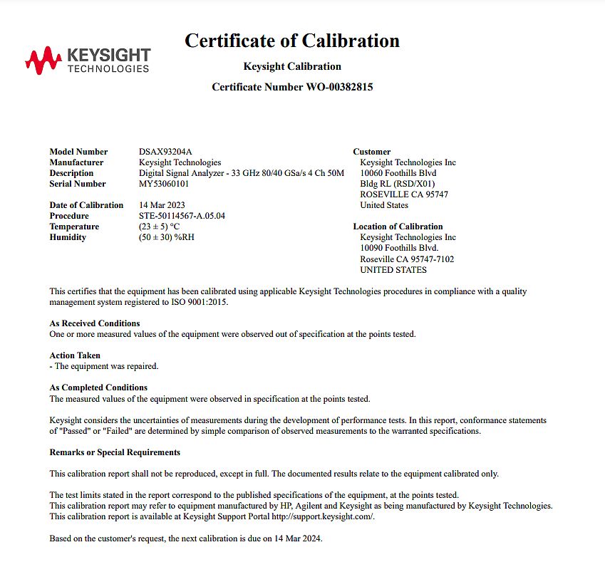 Keysight DSAX93204A Infiniium High-Performance Oscilloscope / 33 GHz / 80/40 GSa/s / 4 Channel / 50M