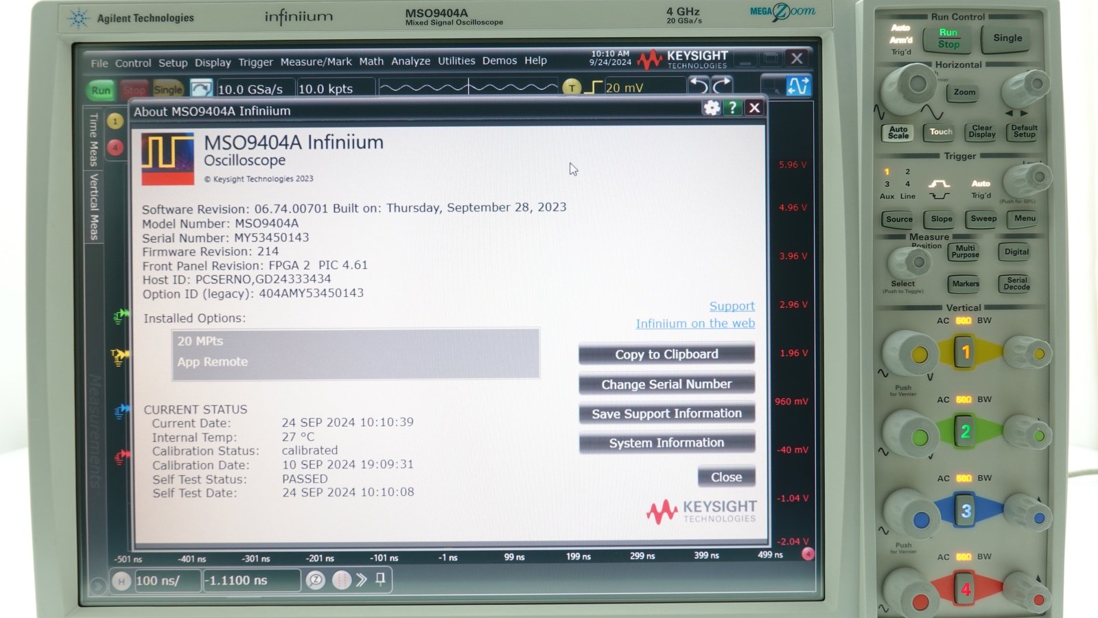 Keysight MSO9404A Mixed Signal Oscilloscope / 4 GHz / 10/20 GSa/s / 4 Analog Plus 16 Digital Channels