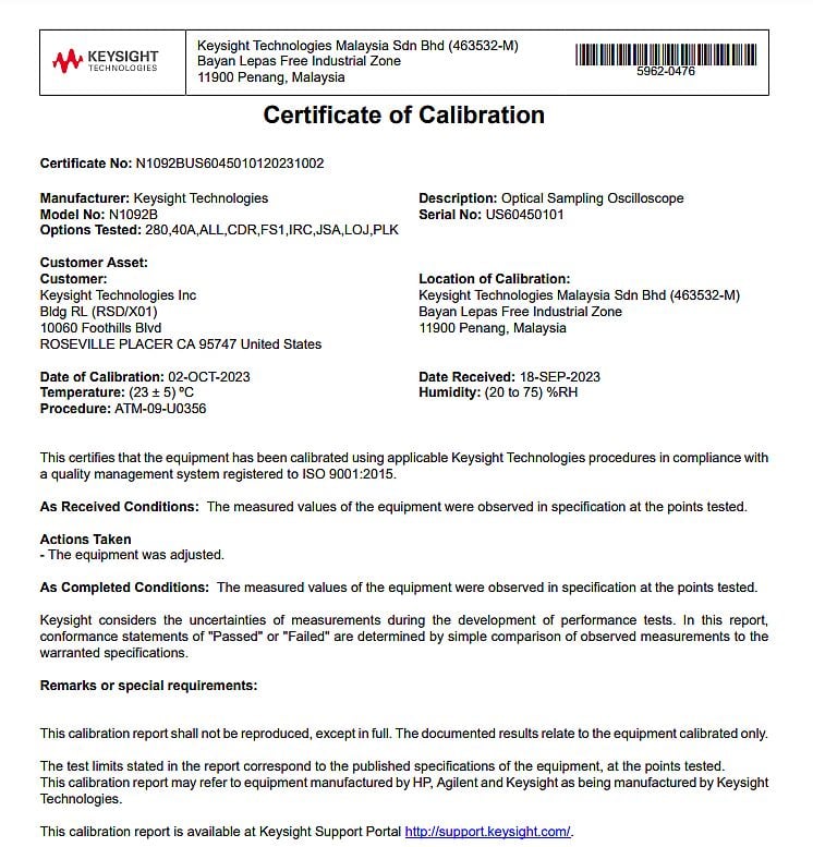 Keysight N1092B-40A 40 GHz Amplified